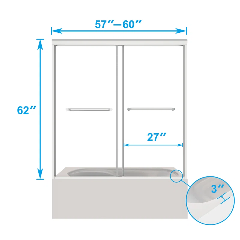 60" W x 62" H Double Sliding Tub Door with Clear Tempered Glass