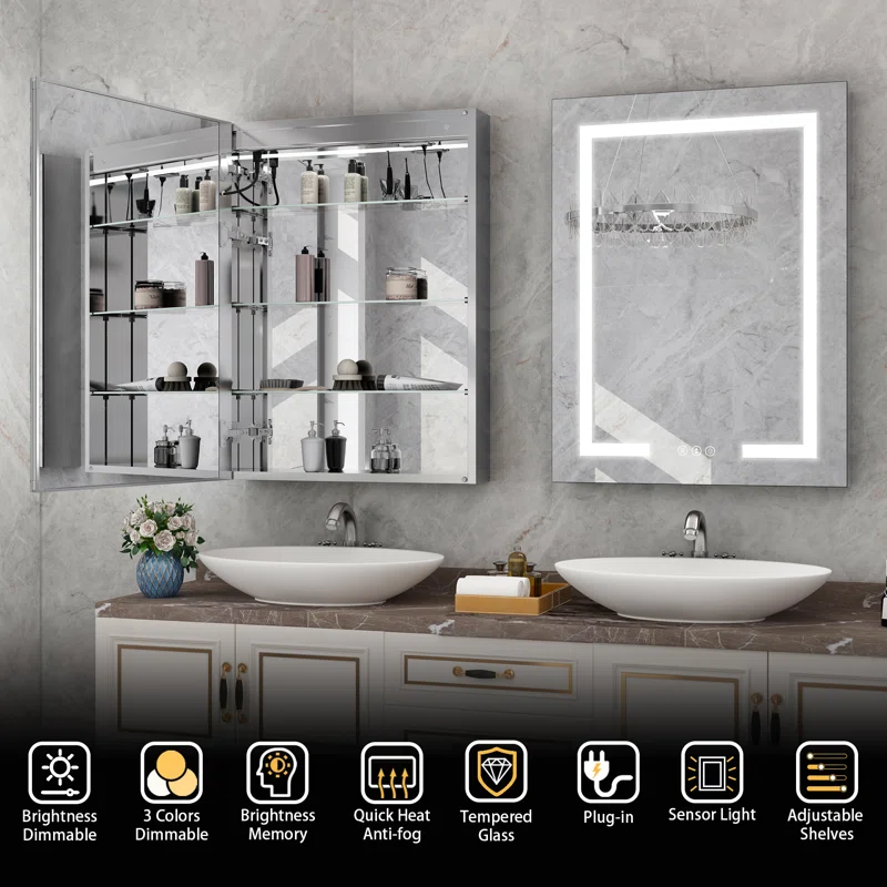 Hartli 24"W* 32"H Recessed or Surface Mount LED Medicine Cabinet Mirror with Dimmable Light & Socket