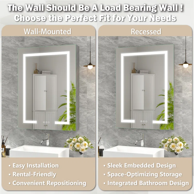 Hartli 24"W* 32"H Recessed or Surface Mount LED Medicine Cabinet Mirror with Dimmable Light & Socket