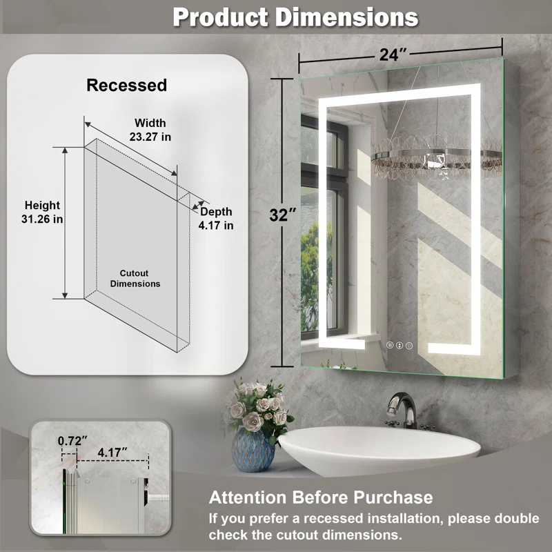 Hartli 24"W* 32"H Recessed or Surface Mount LED Medicine Cabinet Mirror with Dimmable Light & Socket