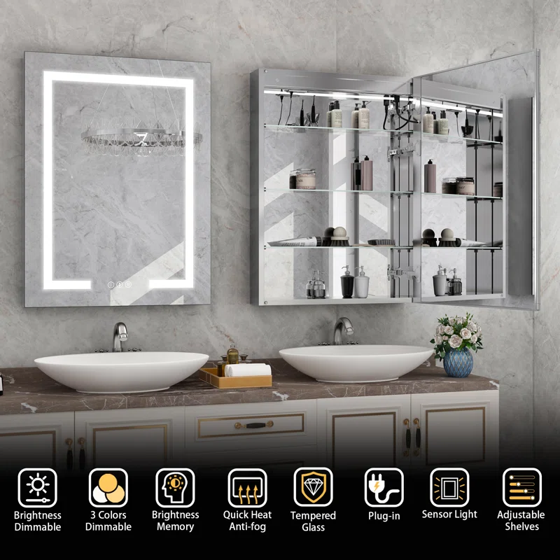 Hartli 24"W* 32"H Recessed or Surface Mount LED Medicine Cabinet Mirror with Dimmable Light & Socket