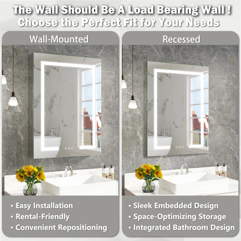 Hartli 24"W* 32"H Recessed or Surface Mount LED Medicine Cabinet Mirror with Dimmable Light & Socket