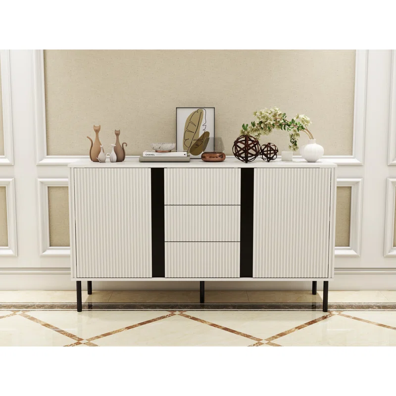 Alamia 55"W Storage Cabinet with Drawers, Wood Buffet Sideboard with Adjustable Shelf, White Large Cupboard