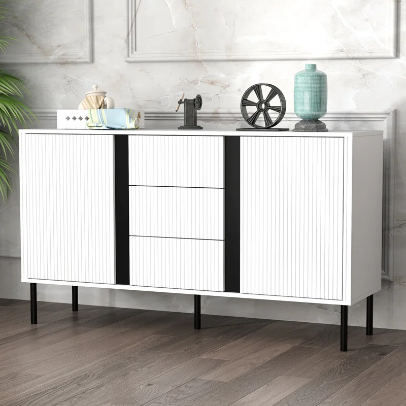 Alamia 55"W Storage Cabinet with Drawers, Wood Buffet Sideboard with Adjustable Shelf, White Large Cupboard