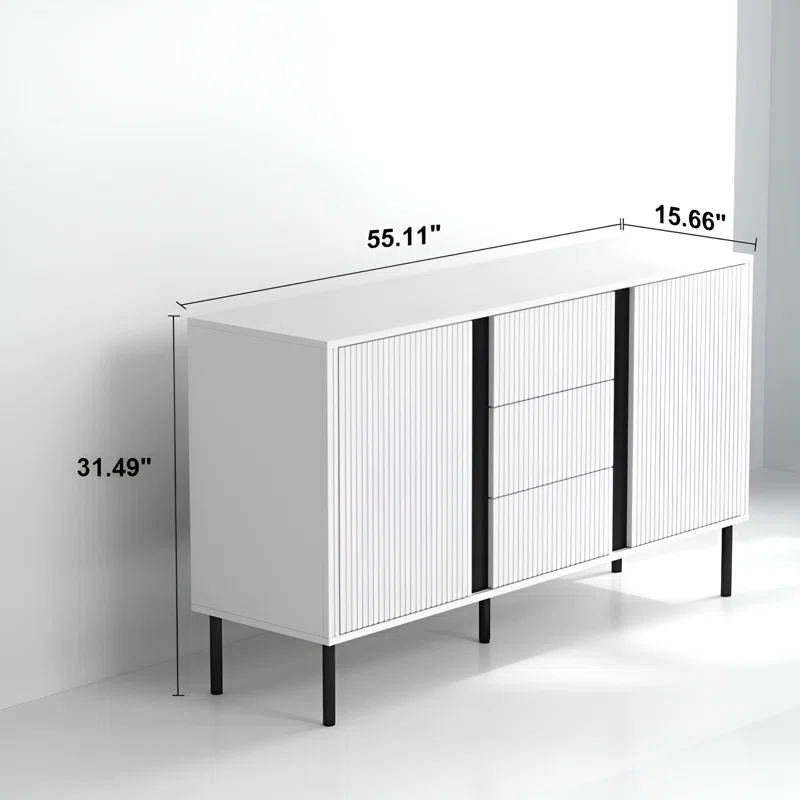 Alamia 55"W Storage Cabinet with Drawers, Wood Buffet Sideboard with Adjustable Shelf, White Large Cupboard