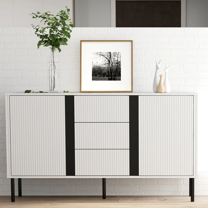 Alamia 55"W Storage Cabinet with Drawers, Wood Buffet Sideboard with Adjustable Shelf, White Large Cupboard