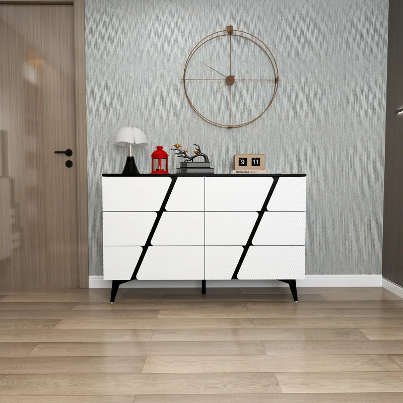 47"W Storage Cabinet with 6 Drawers, Wood Buffet Sideboard, Large Cupboard with Diagonal Stripes
