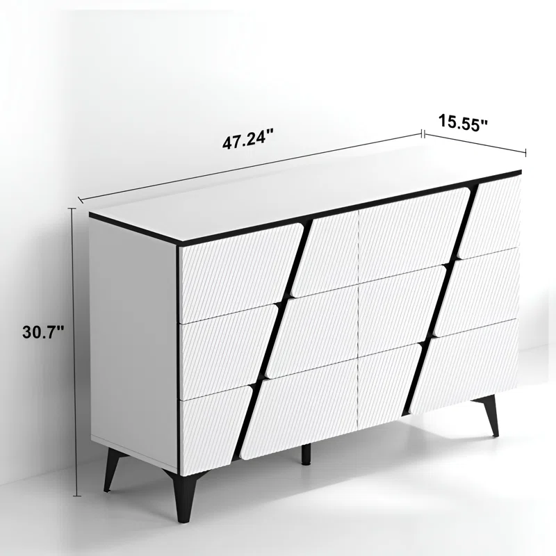 47"W Storage Cabinet with 6 Drawers, Wood Buffet Sideboard, Large Cupboard with Diagonal Stripes