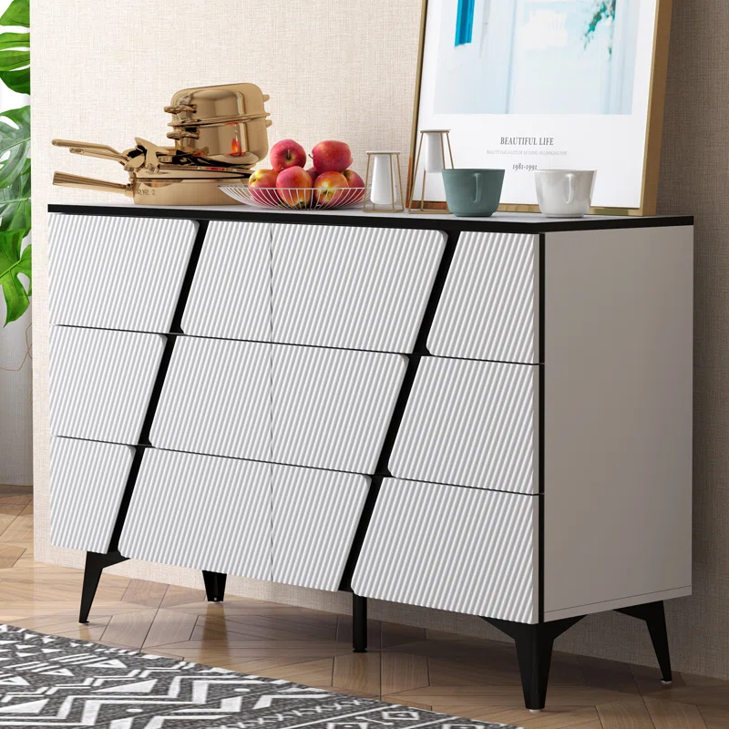 47"W Storage Cabinet with 6 Drawers, Wood Buffet Sideboard, Large Cupboard with Diagonal Stripes
