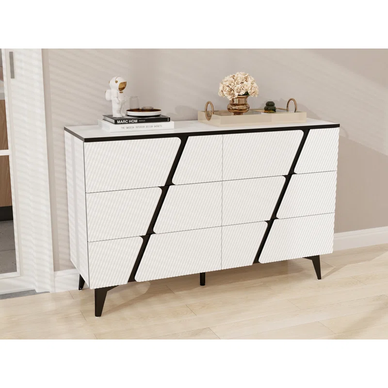 47"W Storage Cabinet with 6 Drawers, Wood Buffet Sideboard, Large Cupboard with Diagonal Stripes