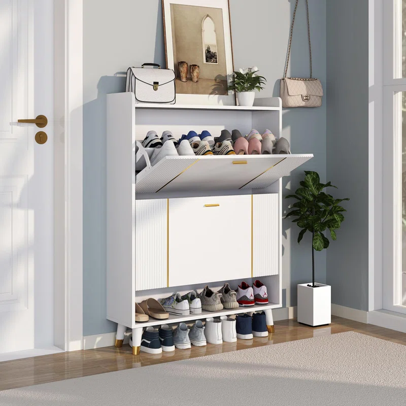 Shoe Storage Cabinet with 2 Flip Drawers, Hidden Narrow Shoes Rack Organizer， Holds 24 Pairs, White