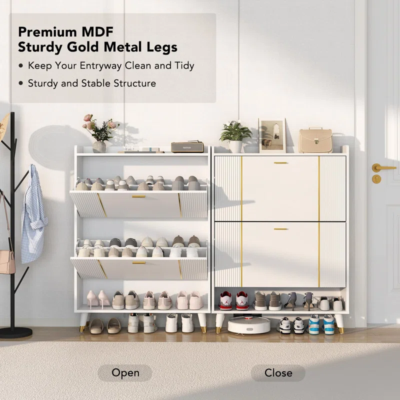 Shoe Storage Cabinet with 2 Flip Drawers, Hidden Narrow Shoes Rack Organizer， Holds 24 Pairs, White