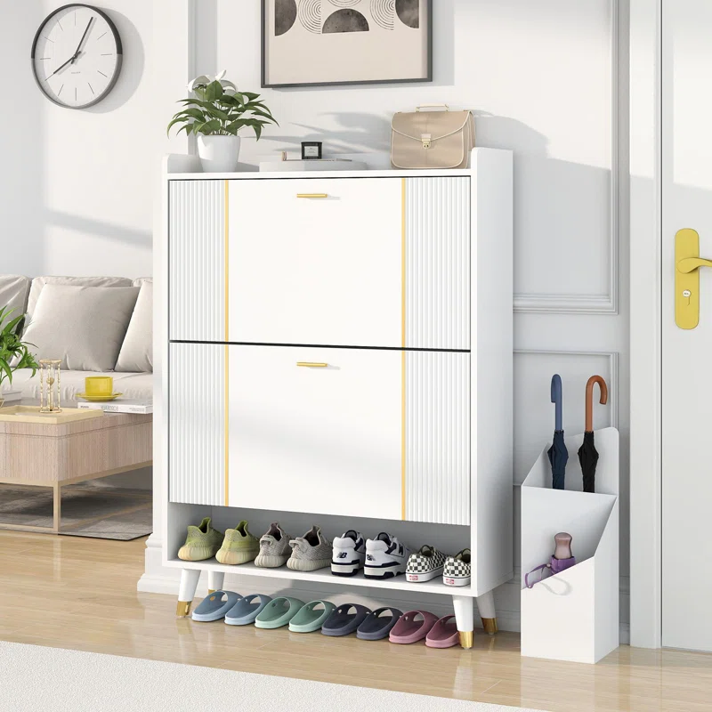 Shoe Storage Cabinet with 2 Flip Drawers, Hidden Narrow Shoes Rack Organizer， Holds 24 Pairs, White