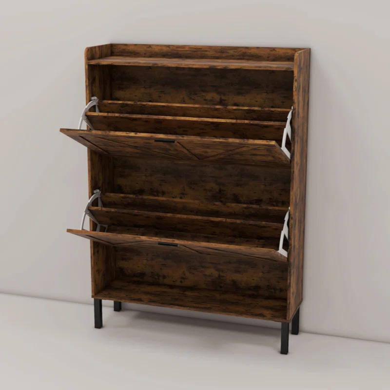 Flamed Wood 2-Turn Patchwork Framed Shoe Cabinet