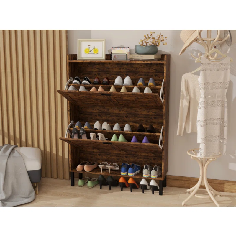 Flamed Wood 2-Turn Patchwork Framed Shoe Cabinet