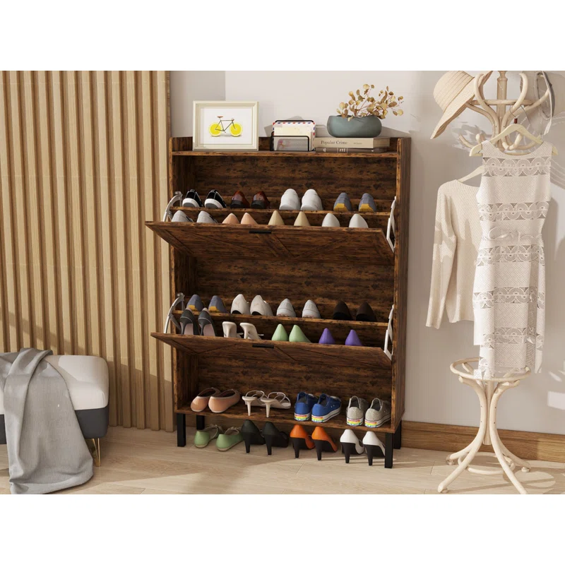 Flamed Wood Vintage Two Flip Shoe Cabinet 