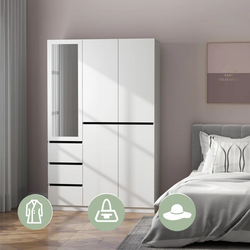 Three Drawer, Five Door Modern Wardrobe with Silver Mirror and No Pull Handle (2 packs of 2 cannot be sold separately)