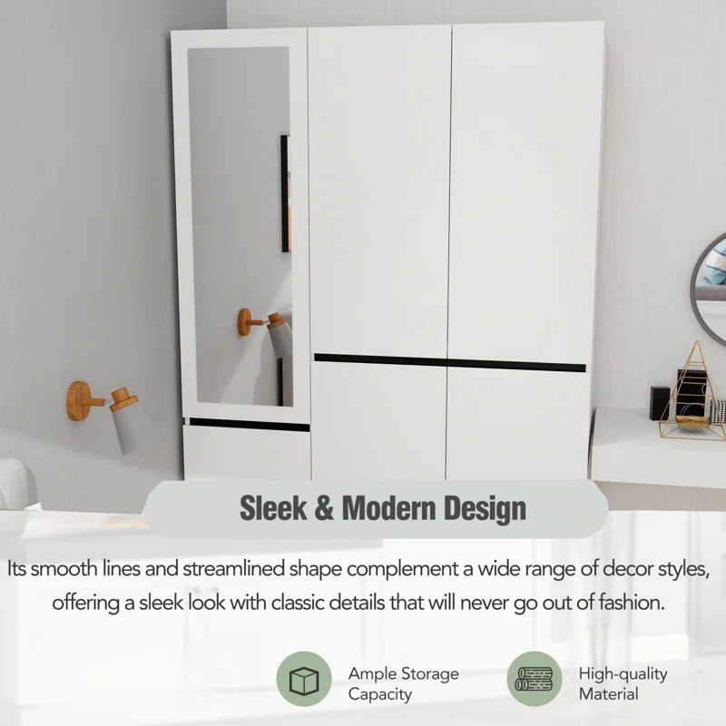 Three Drawer, Five Door Modern Wardrobe with Silver Mirror and No Pull Handle (2 packs of 2 cannot be sold separately)