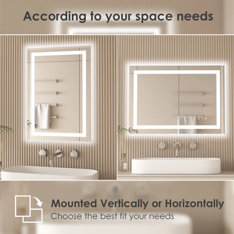 28" x 20" Tempered Glass,Frameless, Anti-Fog, Dimmable, Backlit + Front Lit LED Vanity Mirror