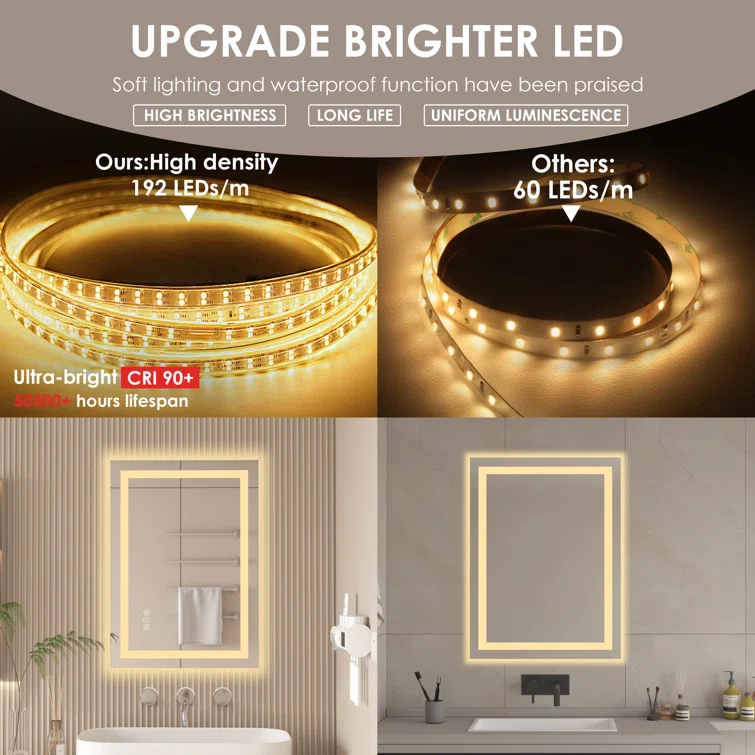 28" x 20" Tempered Glass,Frameless, Anti-Fog, Dimmable, Backlit + Front Lit LED Vanity Mirror