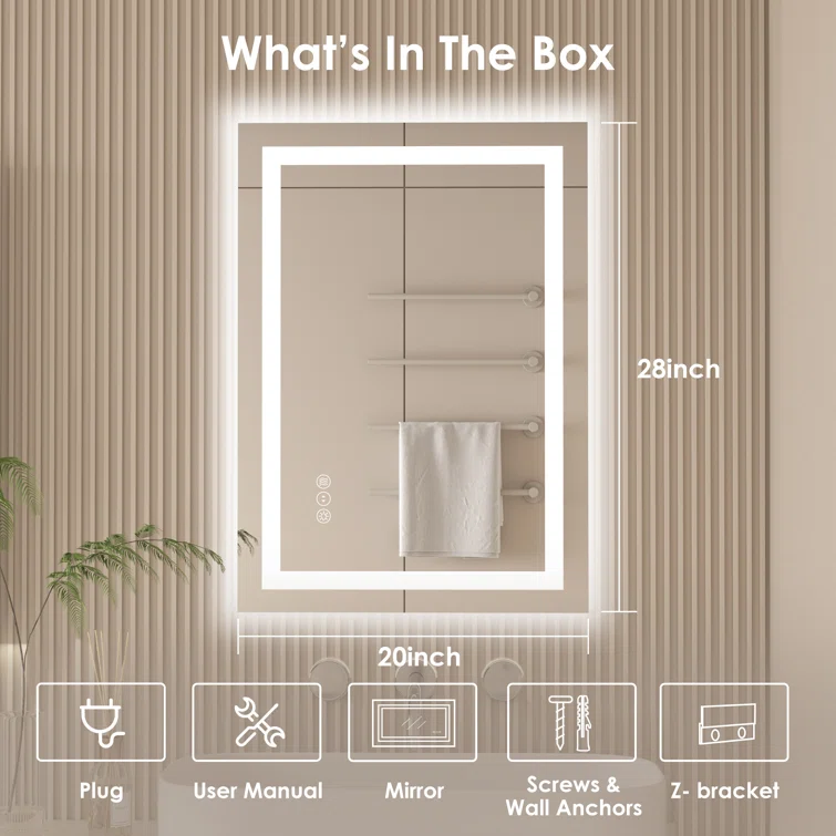 28" x 20" Tempered Glass,Frameless, Anti-Fog, Dimmable, Backlit + Front Lit LED Vanity Mirror