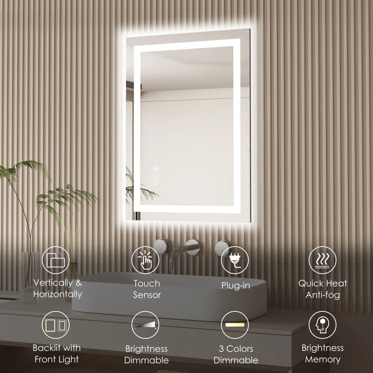 28" x 20" Tempered Glass,Frameless, Anti-Fog, Dimmable, Backlit + Front Lit LED Vanity Mirror