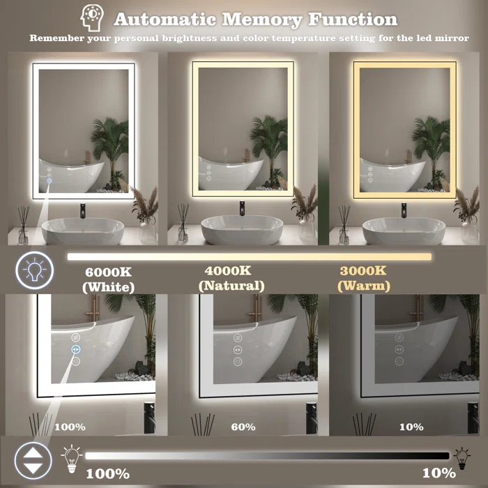 32" x 24" Tempered Glass,Frameless, Anti-Fog, Dimmable, Backlit + Front Lit LED Vanity Mirror