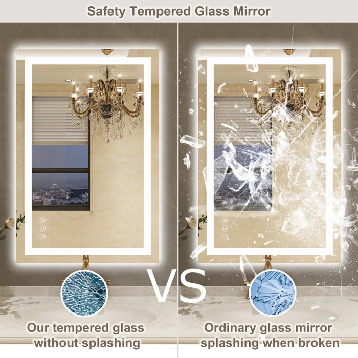 36" x 24" Tempered Glass,Frameless, Anti-Fog, Dimmable, Backlit + Front Lit LED Vanity Mirror