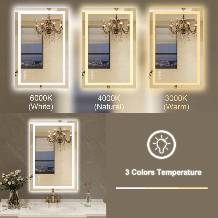 36" x 24" Tempered Glass,Frameless, Anti-Fog, Dimmable, Backlit + Front Lit LED Vanity Mirror