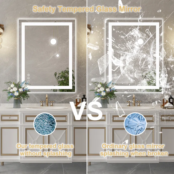36" x 28" Tempered Glass,Frameless, Anti-Fog, Dimmable, Backlit + Front Lit LED Vanity Mirror