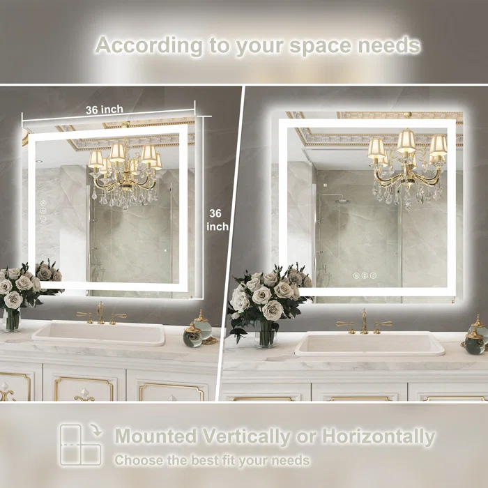 36" x 36" Tempered Glass,Frameless, Anti-Fog, Dimmable, Backlit + Front Lit LED Vanity Mirror