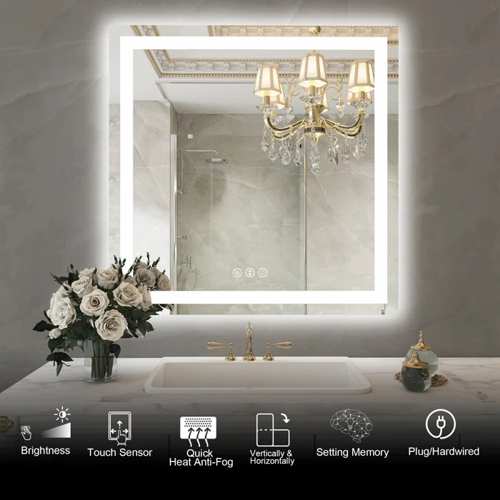 36" x 36" Tempered Glass,Frameless, Anti-Fog, Dimmable, Backlit + Front Lit LED Vanity Mirror