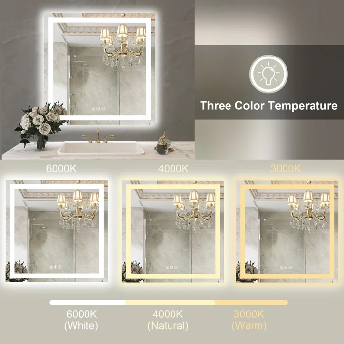 36" x 36" Tempered Glass,Frameless, Anti-Fog, Dimmable, Backlit + Front Lit LED Vanity Mirror