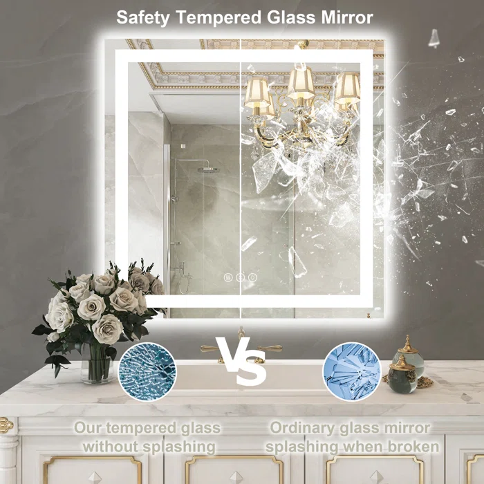 36" x 36" Tempered Glass,Frameless, Anti-Fog, Dimmable, Backlit + Front Lit LED Vanity Mirror