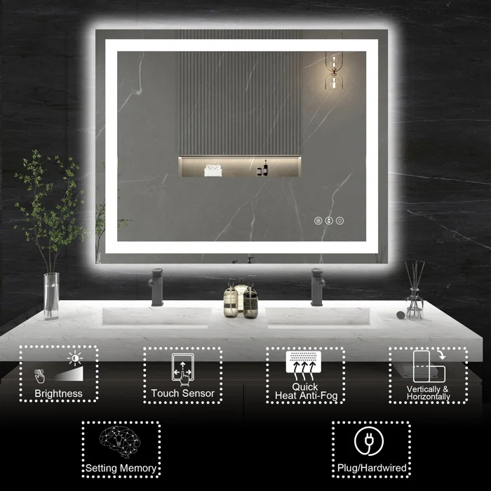 40*32 Tempered Glass,Frameless, Anti-Fog, Dimmable, Backlit + Front Lit LED Vanity Mirror