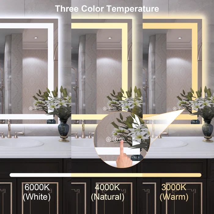 48" x 36" Tempered Glass,Frameless, Anti-Fog, Dimmable, Backlit + Front Lit LED Vanity Mirror