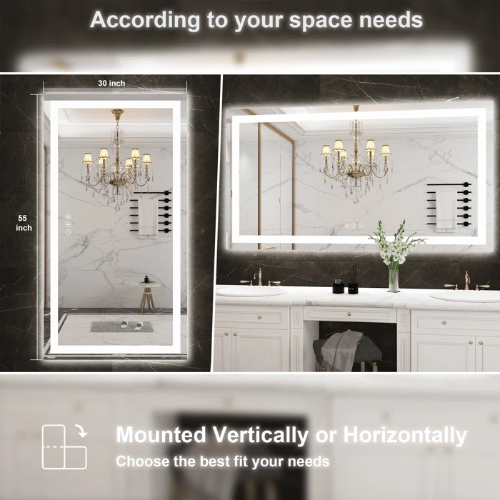 55" x 30" Tempered Glass,Frameless, Anti-Fog, Dimmable, Backlit + Front Lit LED Vanity Mirror