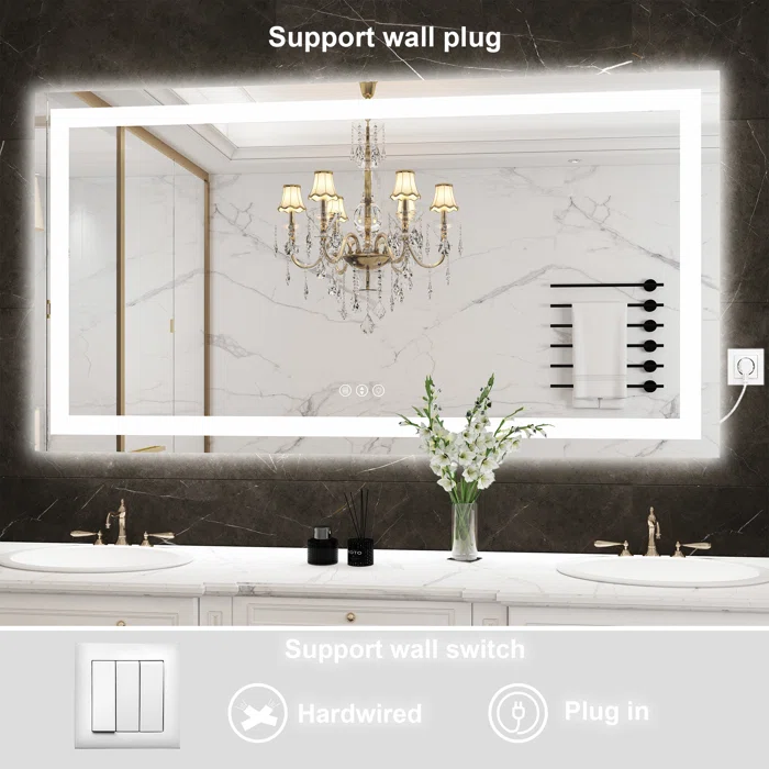 55" x 30" Tempered Glass,Frameless, Anti-Fog, Dimmable, Backlit + Front Lit LED Vanity Mirror