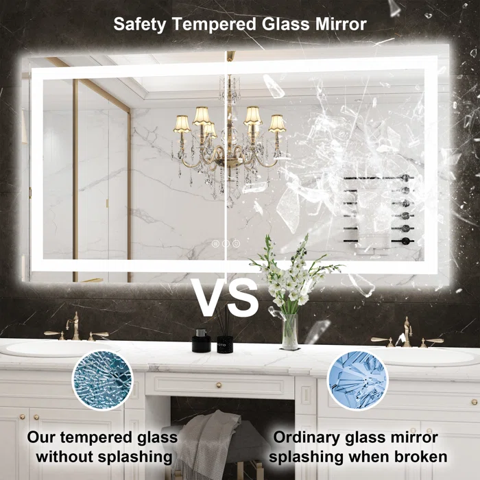 55" x 30" Tempered Glass,Frameless, Anti-Fog, Dimmable, Backlit + Front Lit LED Vanity Mirror