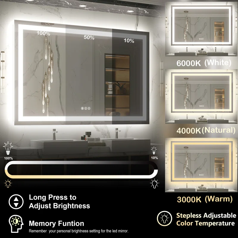 55" x 36" Tempered Glass LED Bathroom Mirror with Front and Backlight, Anti-Fog, 3 Colors