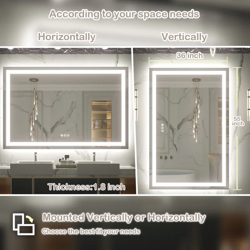 55" x 36" Tempered Glass LED Bathroom Mirror with Front and Backlight, Anti-Fog, 3 Colors