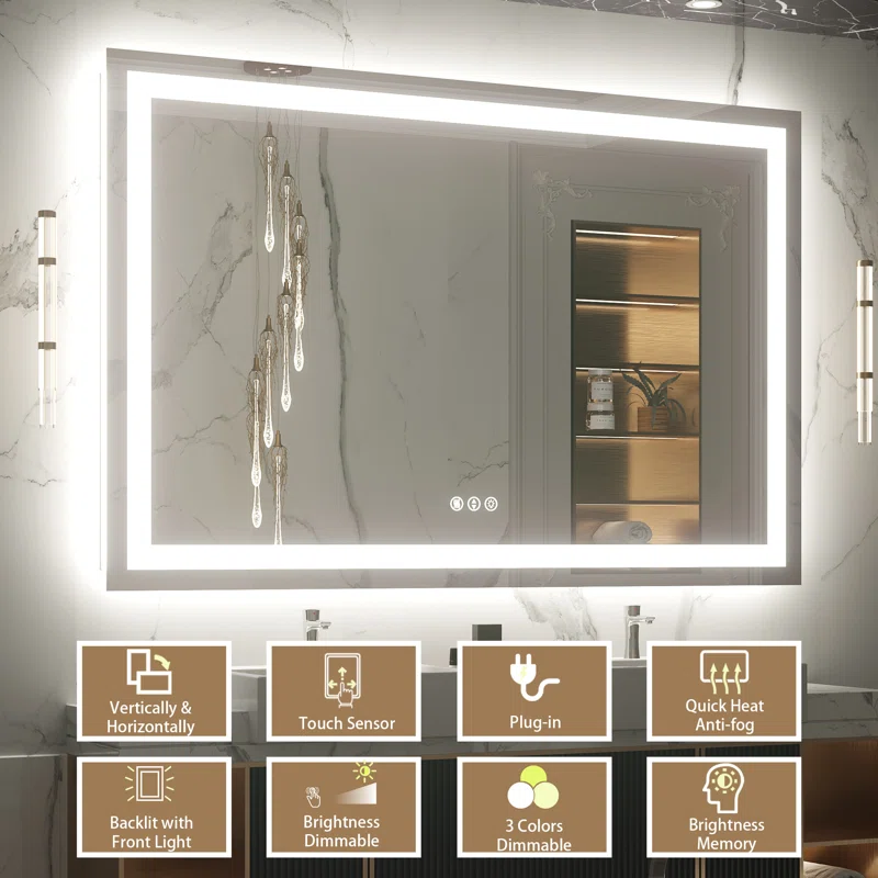 55" x 36" Tempered Glass LED Bathroom Mirror with Front and Backlight, Anti-Fog, 3 Colors
