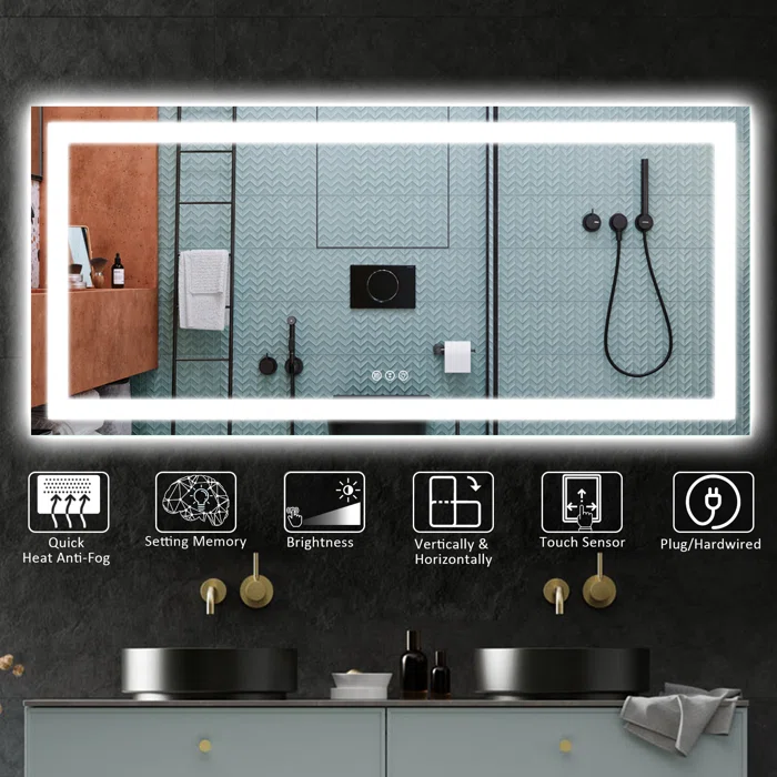 60*28 Tempered Glass,Frameless, Anti-Fog, Dimmable, Backlit + Front Lit LED Vanity Mirror