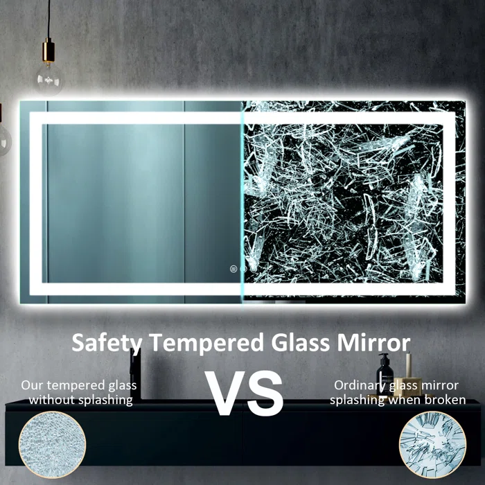 60*28 Tempered Glass,Frameless, Anti-Fog, Dimmable, Backlit + Front Lit LED Vanity Mirror