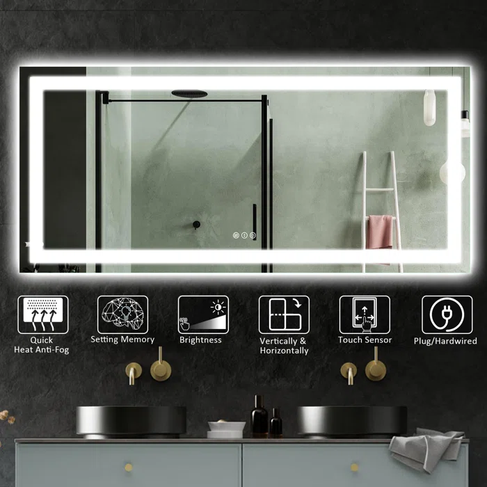 60*28 Tempered Glass,Frameless, Anti-Fog, Dimmable, Backlit + Front Lit LED Vanity Mirror