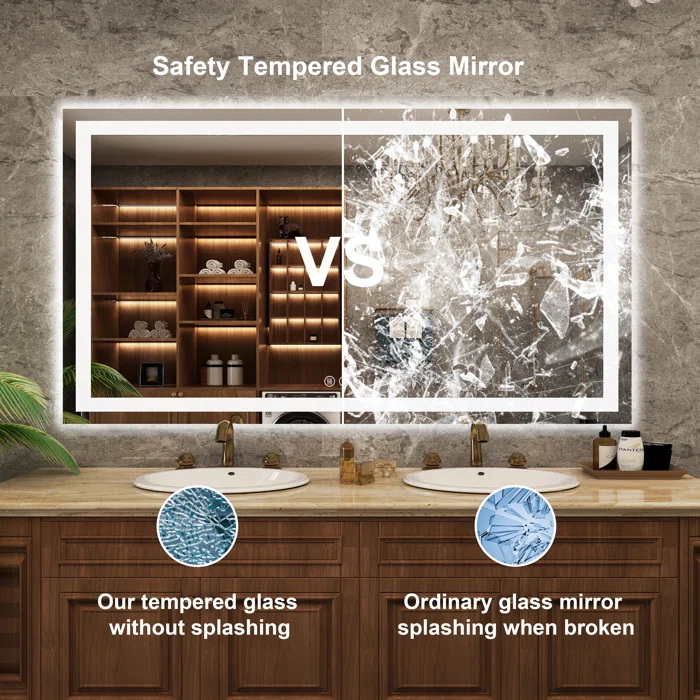 60*36 Tempered Glass,Frameless, Anti-Fog, Dimmable, Backlit + Front Lit LED Vanity Mirror
