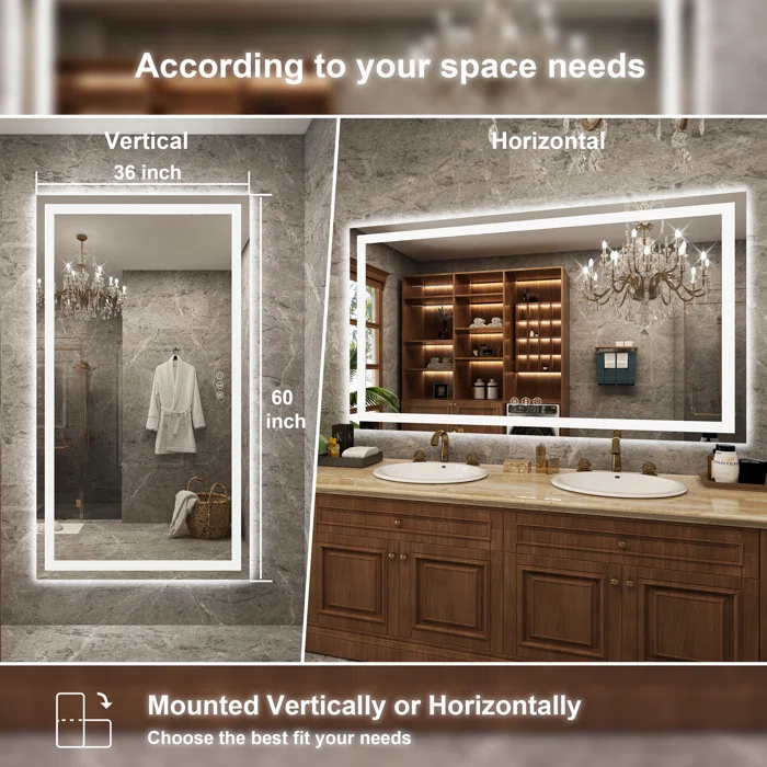 60*36 Tempered Glass,Frameless, Anti-Fog, Dimmable, Backlit + Front Lit LED Vanity Mirror