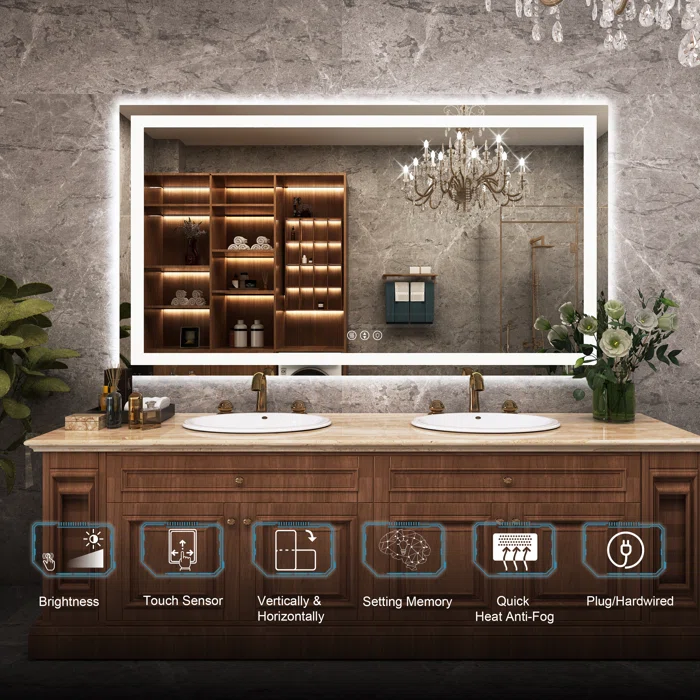 60*36 Tempered Glass,Frameless, Anti-Fog, Dimmable, Backlit + Front Lit LED Vanity Mirror