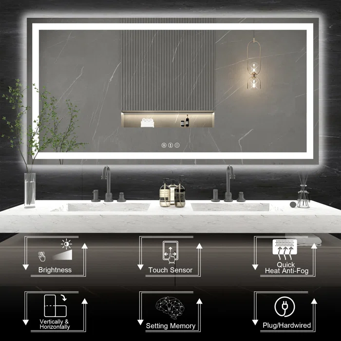 72*36 Tempered Glass,Frameless, Anti-Fog, Dimmable, Backlit + Front Lit LED Vanity Mirror