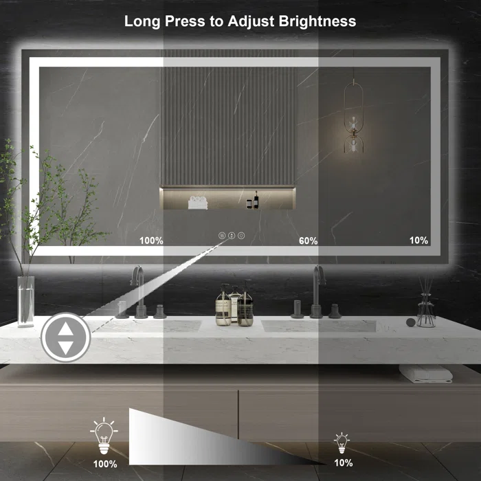 72*36 Tempered Glass,Frameless, Anti-Fog, Dimmable, Backlit + Front Lit LED Vanity Mirror